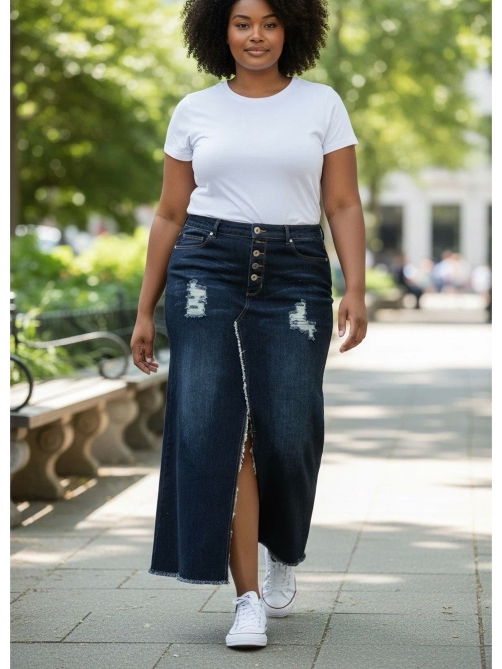 Ashley Stewart NWT's Destructed Denim Maxi Skirt Size 16